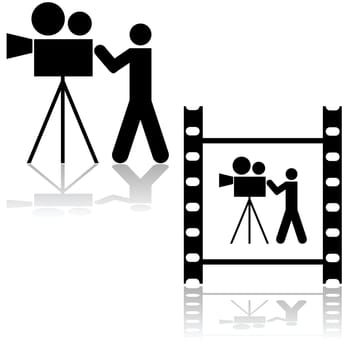 Icon illustration showing a man operating a film camera, within a film strip or by itself.