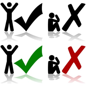 Concept illustration showing one man happy with a check mark beside him and another sad with an 'x' beside him