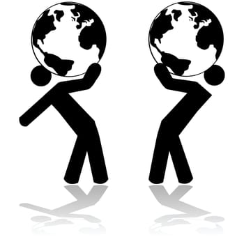 Concept illustration showing a man carrying planet Earth
