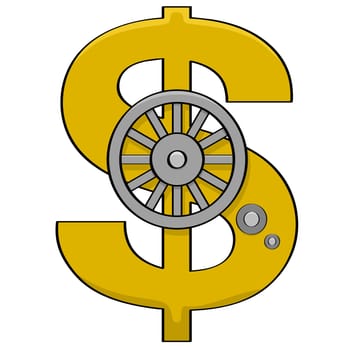Cartoon illustration showing a safe door shaped like a dollar sign