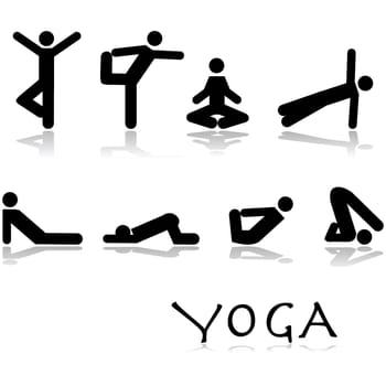 Icon set showing different yoga poses performed by stick figures
