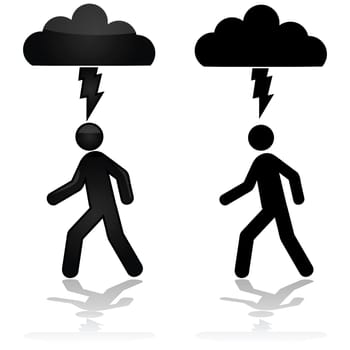 Concept illustration showing a person walking under a cloud with a lightning bolt