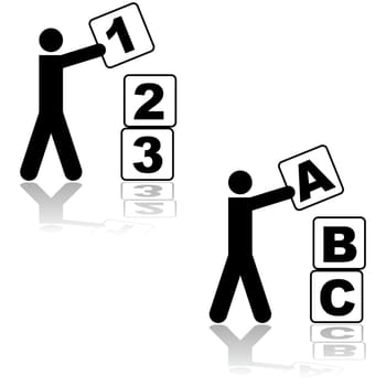 Concept illustration showing a person putting blocks on top of each other, with numbers or letters