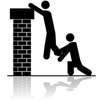 Icon illustration showing a person helping to lift another over a brick wall