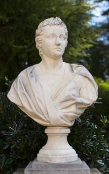 Monument, bust, marble. In the park of the Royal Palace in Barcelona, Spain.
