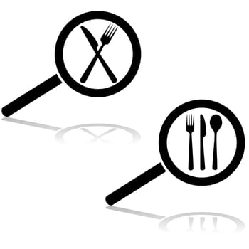 Icon illustration showing a magnifying glass searching for a restaurant (cutlery)