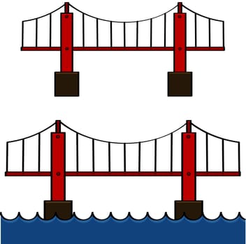 Cartoon illustration showing a bridge standing by itself and over water