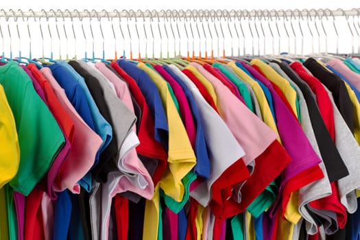 Rack of assorted colored T-shirts. Isolate on white.