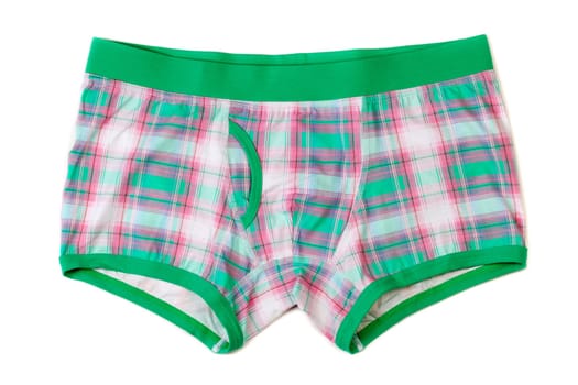 Men's boxer shorts in green-pink checkered. Isolate on white background.
