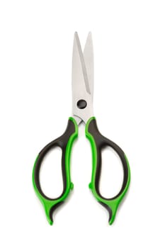 Steel scissors with rubber grips, green and black. Isolate on white.