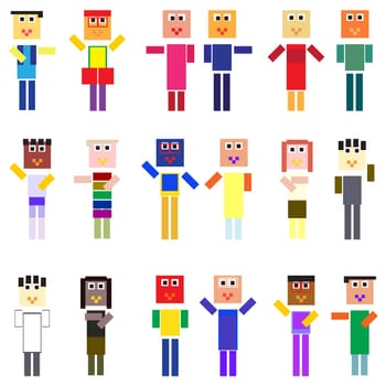 Cartoon fun pixelized people set, vector illustration.
