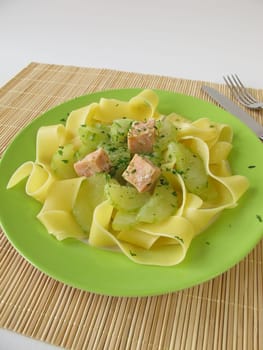 Ribbon noodles with cucumber vegetables and salmon