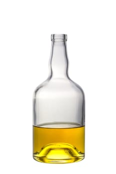 A half full open whiskey bottle isolated on white