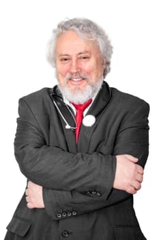A gray haired and bearded doctor smiling