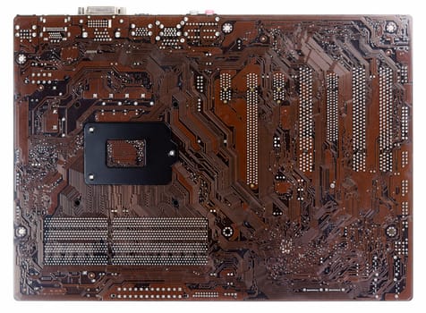 Brown motherboard for socket 1150 on a white background in high resolution.