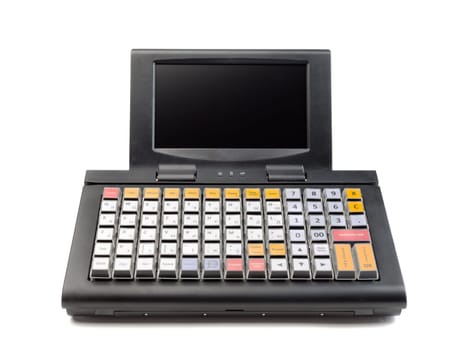 A modern cash register on a white background.