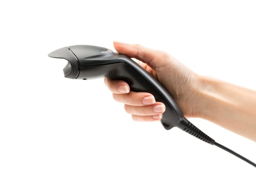 Woman holding a handheld barcode reader. Isolate on white.