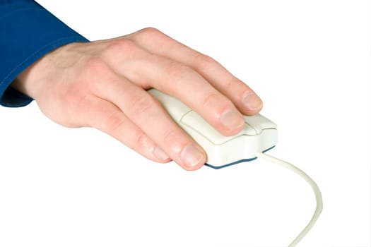 White computer mouse and hand on white