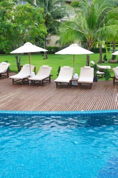 swimming pool with coconut tree and white umbrella