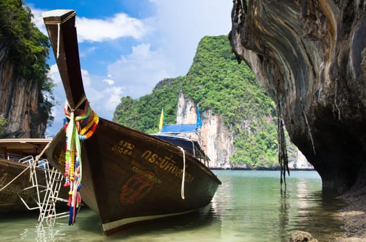 Tropical beach, longtail boats, Andaman Sea, Thailand