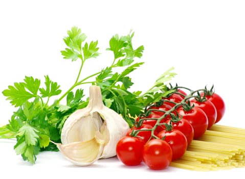 pasta with tomatoes on a white background