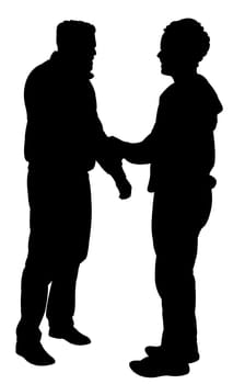 black silhouettes of two men standing and talking to each other