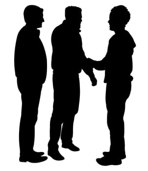 black silhouettes of three men standing and talking to each other