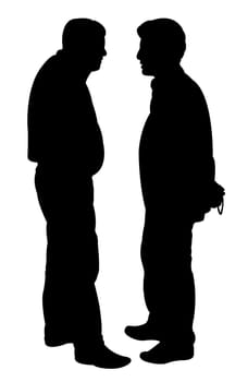 black silhouettes of two men standing and talking to each other