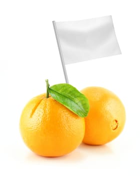 Healthy and organic food concept. Fresh Orange with flag showing the benefits or the price of fruits.