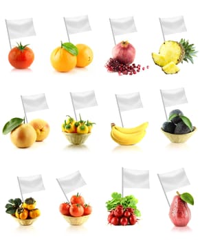 Healthy and organic food concept. Set of fresh fruits and vegetables with flag showing the benefits or the price of fruits.