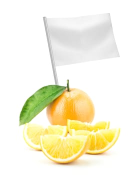 Healthy and organic food concept. Fresh Orange with flag showing the benefits or the price of fruits.