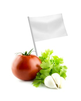 Healthy and organic food concept. Fresh Tomato, garlic and Coriander with flag showing the benefits or the price of fruits.