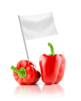 Healthy and organic food concept. Fresh red Pepper with flag showing the benefits or the price of fruits.