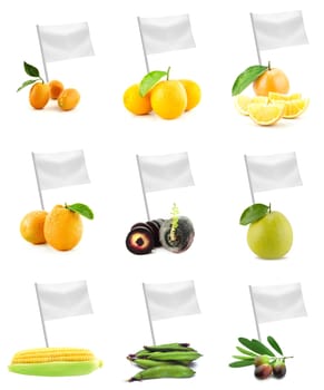 Healthy and organic food concept. Set of fresh fruits and vegetables with flag showing the benefits or the price of fruits.