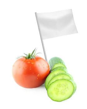 Healthy and organic food concept. Fresh tomatoe with Slices of cucumber  with flag showing the benefits or the price of fruits.