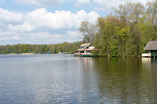 The photograph of a lake landscape of Lake Klempow in Brandenburg.