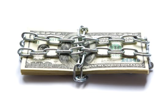 Dollars locked a chain on a white background