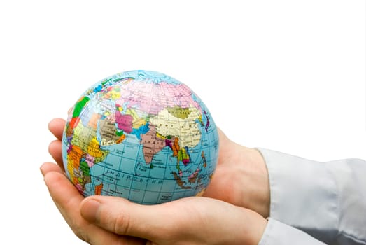 Hands holdings a globe on a whiteness