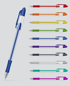 Set of colorful gel pens with open caps isolated on white background