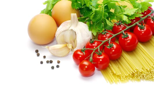 pasta with tomatoes on a white background