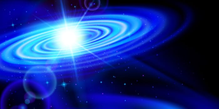 Space background. Blue galaxy with bright flash among stars in dark universe