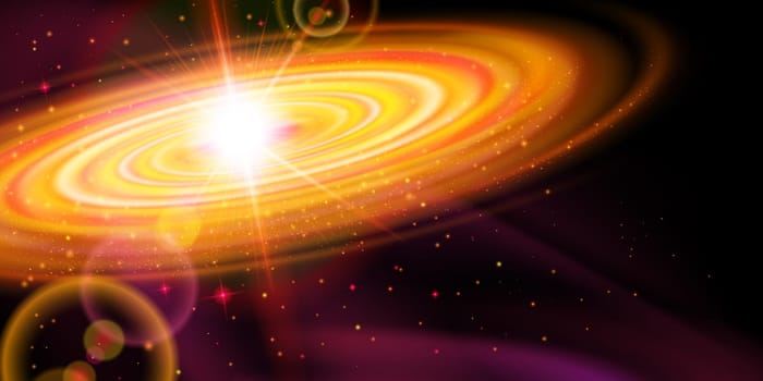 Space background. Orange galaxy with bright flare among stars in dark universe