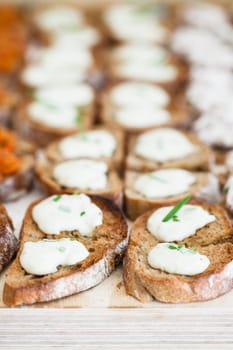 Closeup of bruschetta appetizers with mozzarella cheese pieces presented in rows