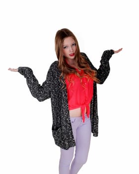 A young woman in a blue-grey sweater holding up her hands, dos not know,. isolated for white background..