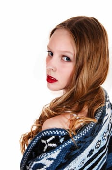 A young woman in a blue-grey sweater looking over her shoulder, .isolated for white background..