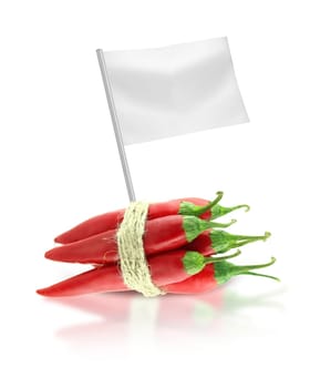 Healthy and organic food concept. Fresh red hot chili pepper with flag showing the benefits or the price of fruits.
