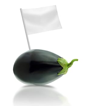 Healthy and organic food concept. Fresh eggplants  with flag showing the benefits or the price of fruits.