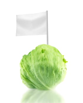 Healthy and organic food concept. Fresh  Green Iceberg lettuce with flag showing the benefits or the price of fruits.