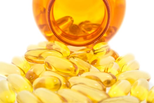 Cod liver oil omega 3 gel capsules isolated on white background