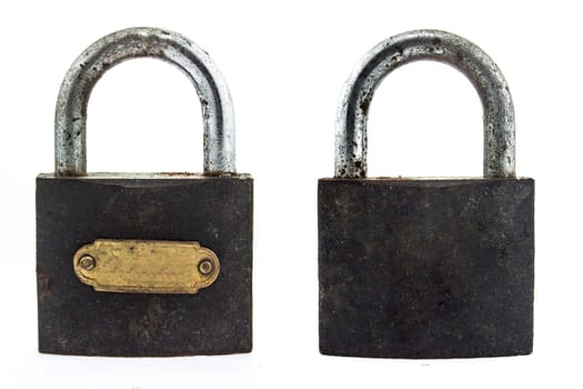 old metal padlock on white background.